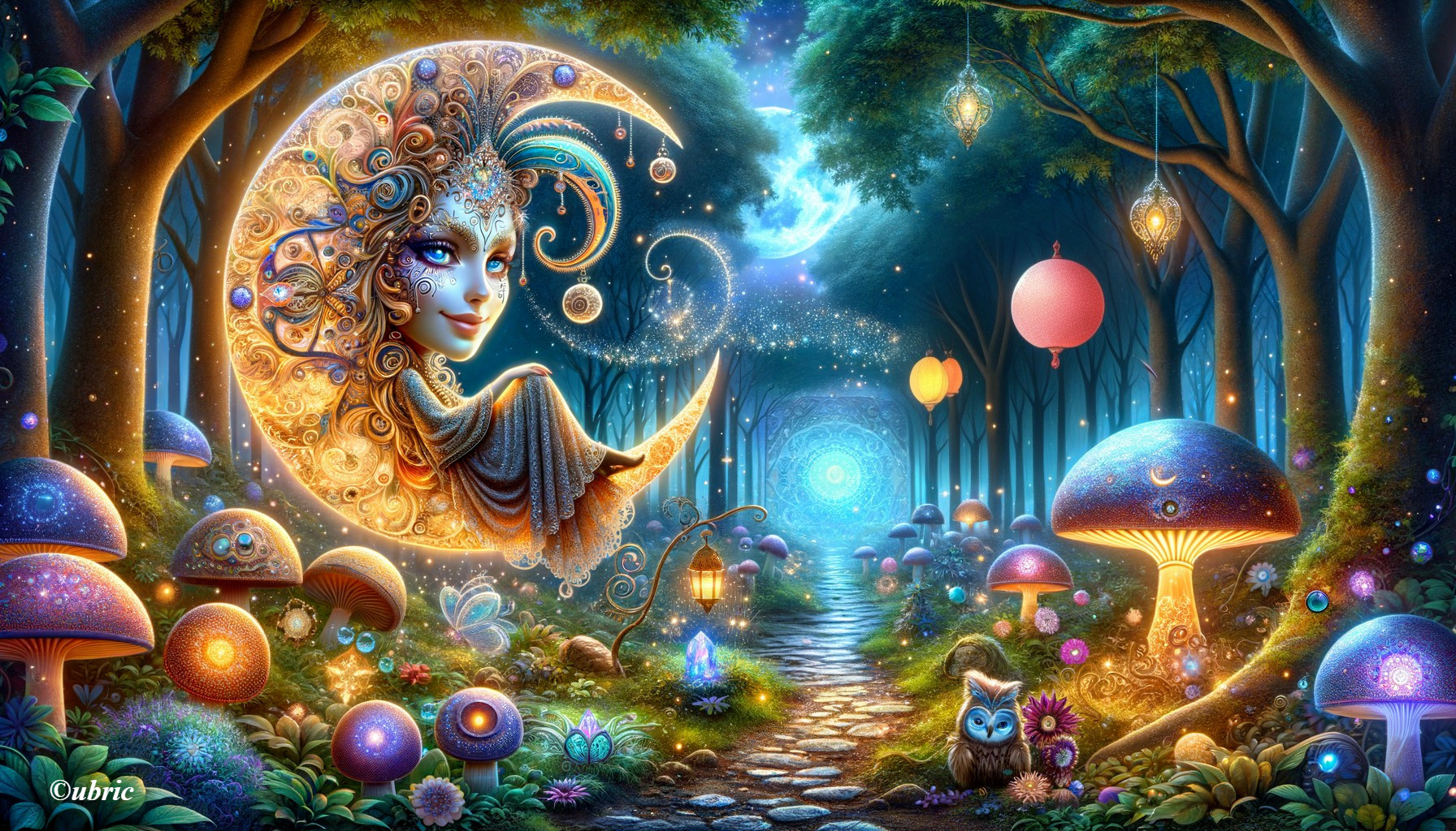 Mystical forest with glowing lights and vibrant mushrooms