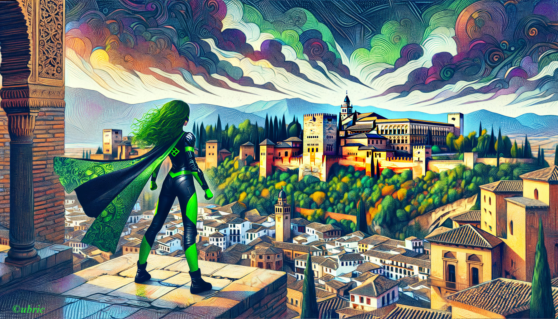 Superheroine Overlooking Ancient City with Fortress