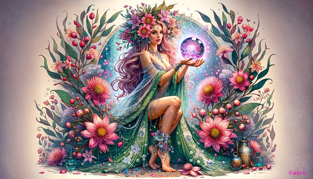 Mystical Woman with Floral Crown and Glowing Orb