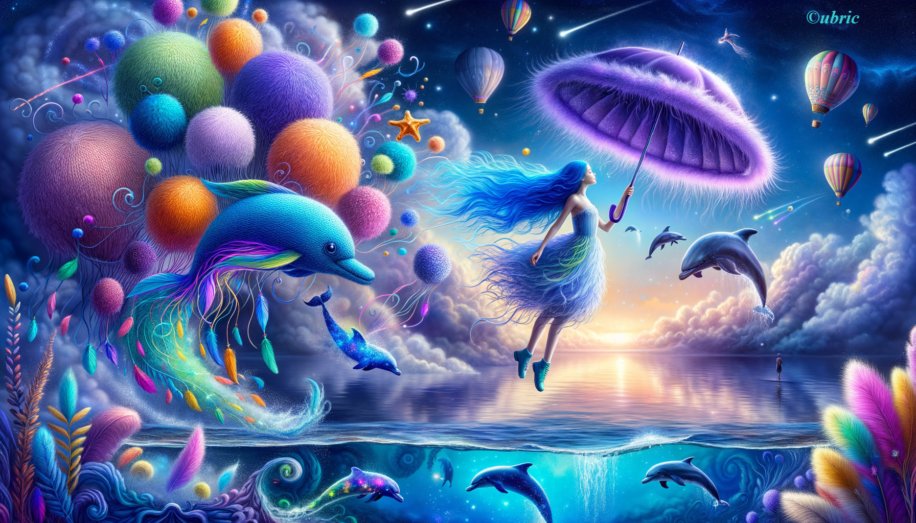 Dreamlike Scene of Girl with Umbrella Over Ocean