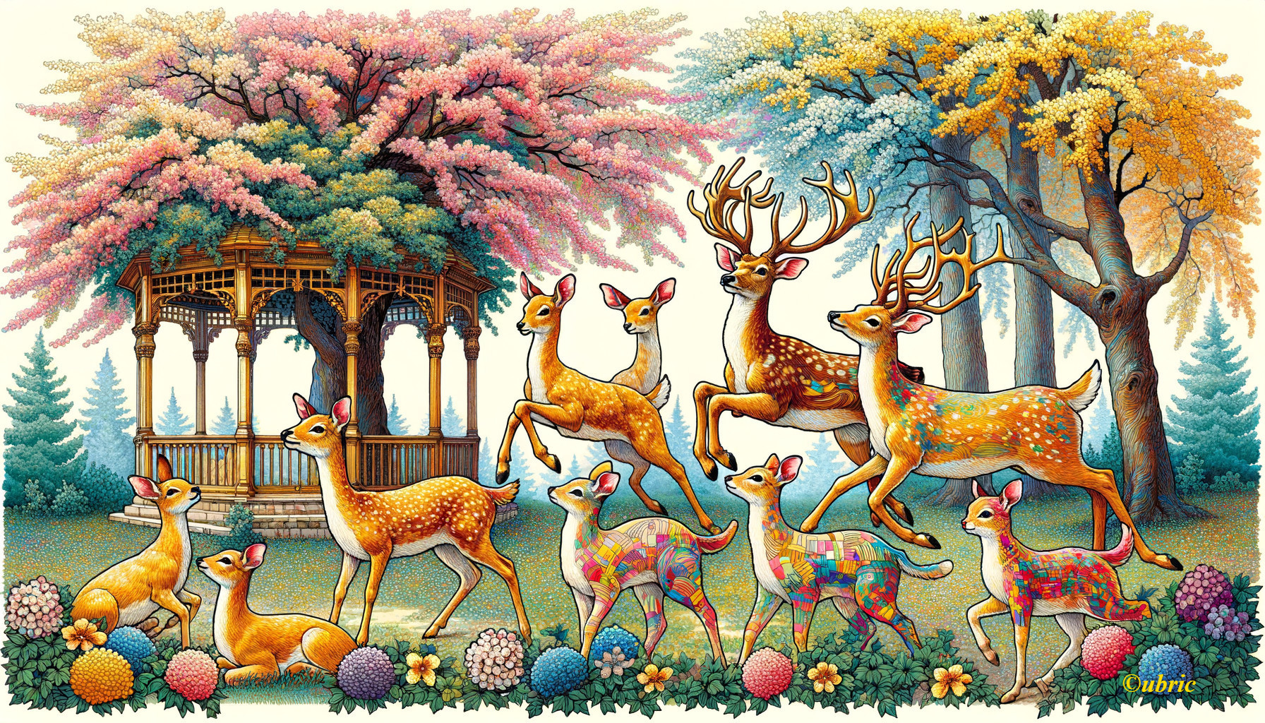 Vibrant Enchanted Forest with Deer and Gazebo