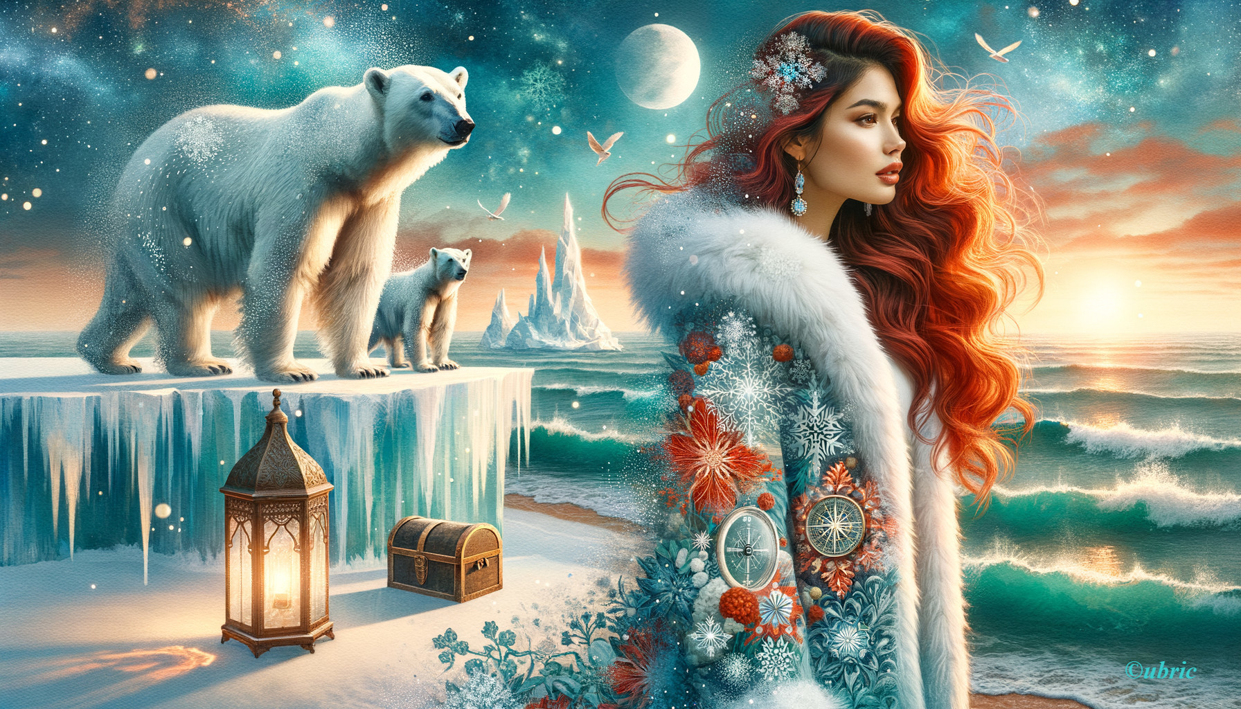 Magical Winter Landscape with Woman and Polar Bears