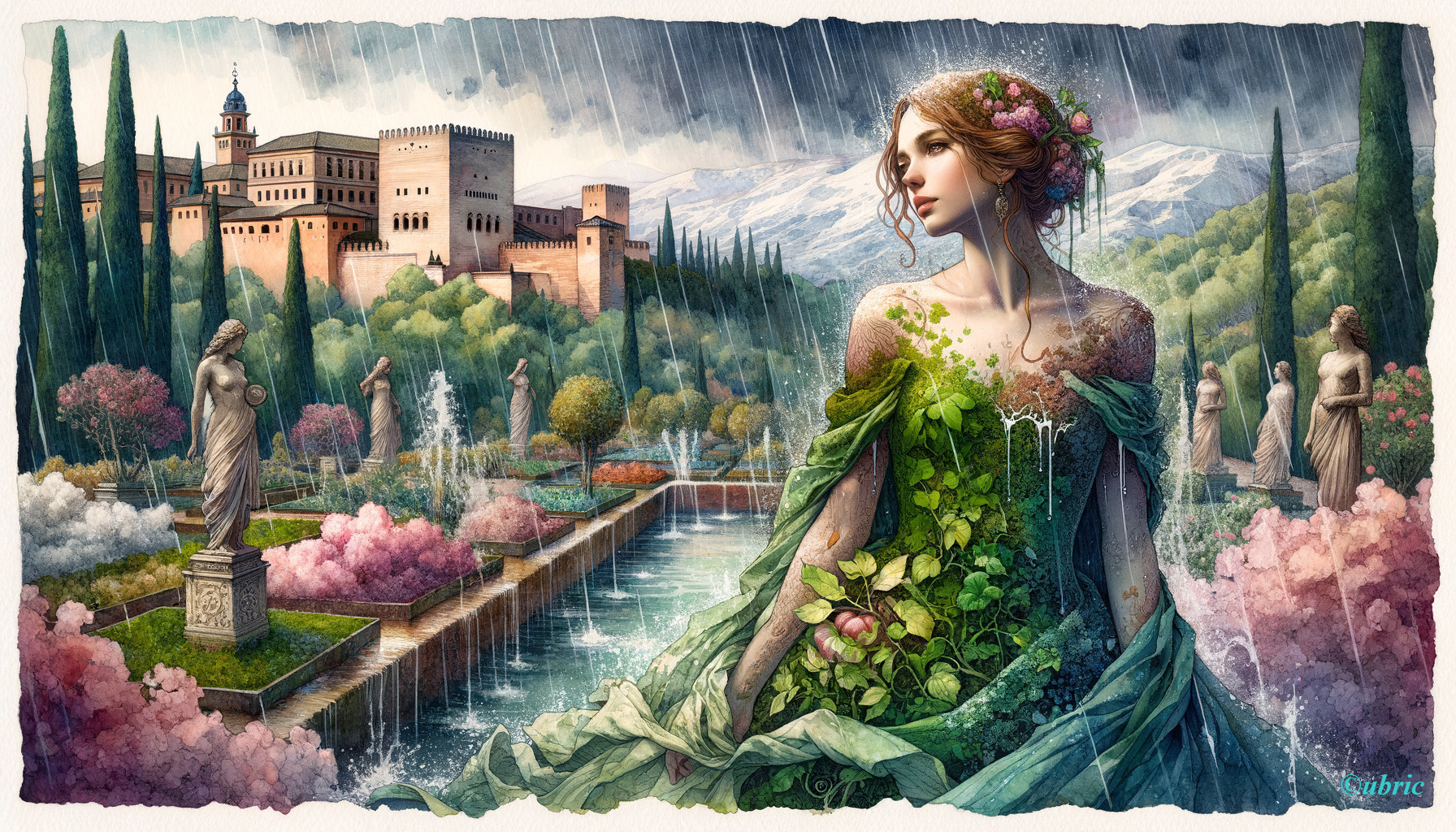Serene Woman in Lush Garden with Alhambra Background