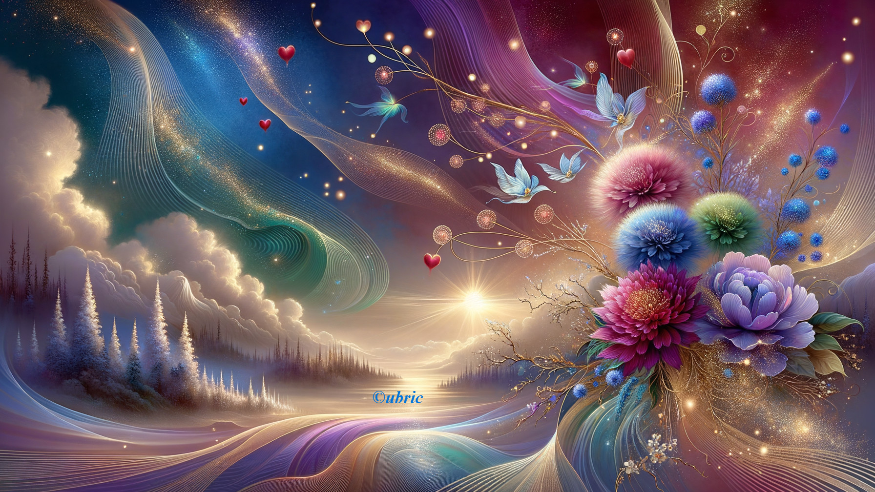 Surreal Landscape with Swirling Colors and Ethereal Elements