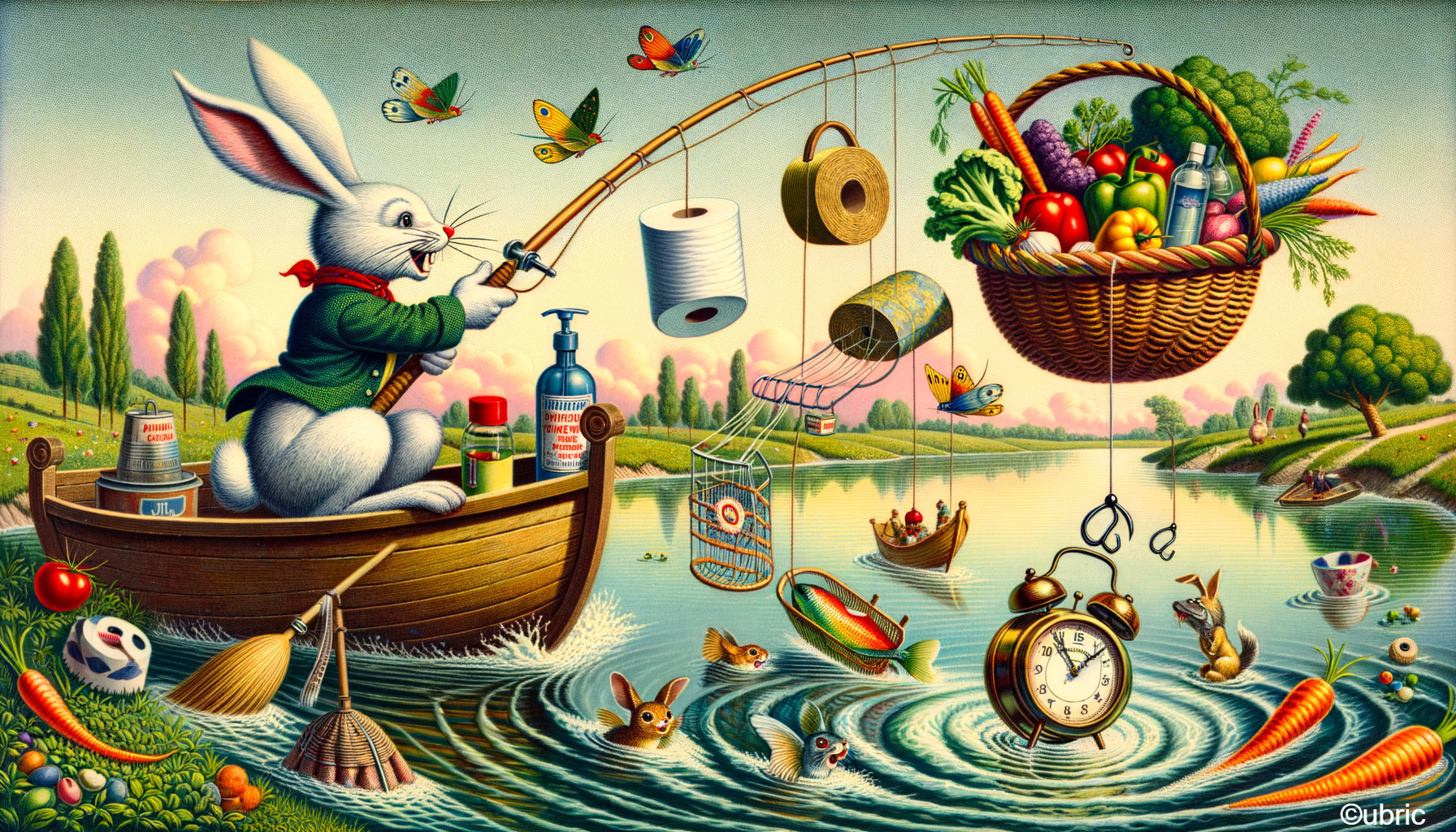 Whimsical Rabbit Fishing in a Colorful Scene