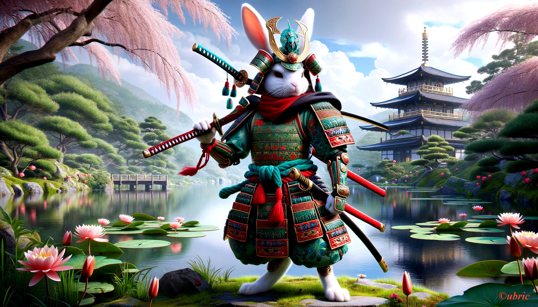 Rabbit Samurai at Cherry Blossom Lake