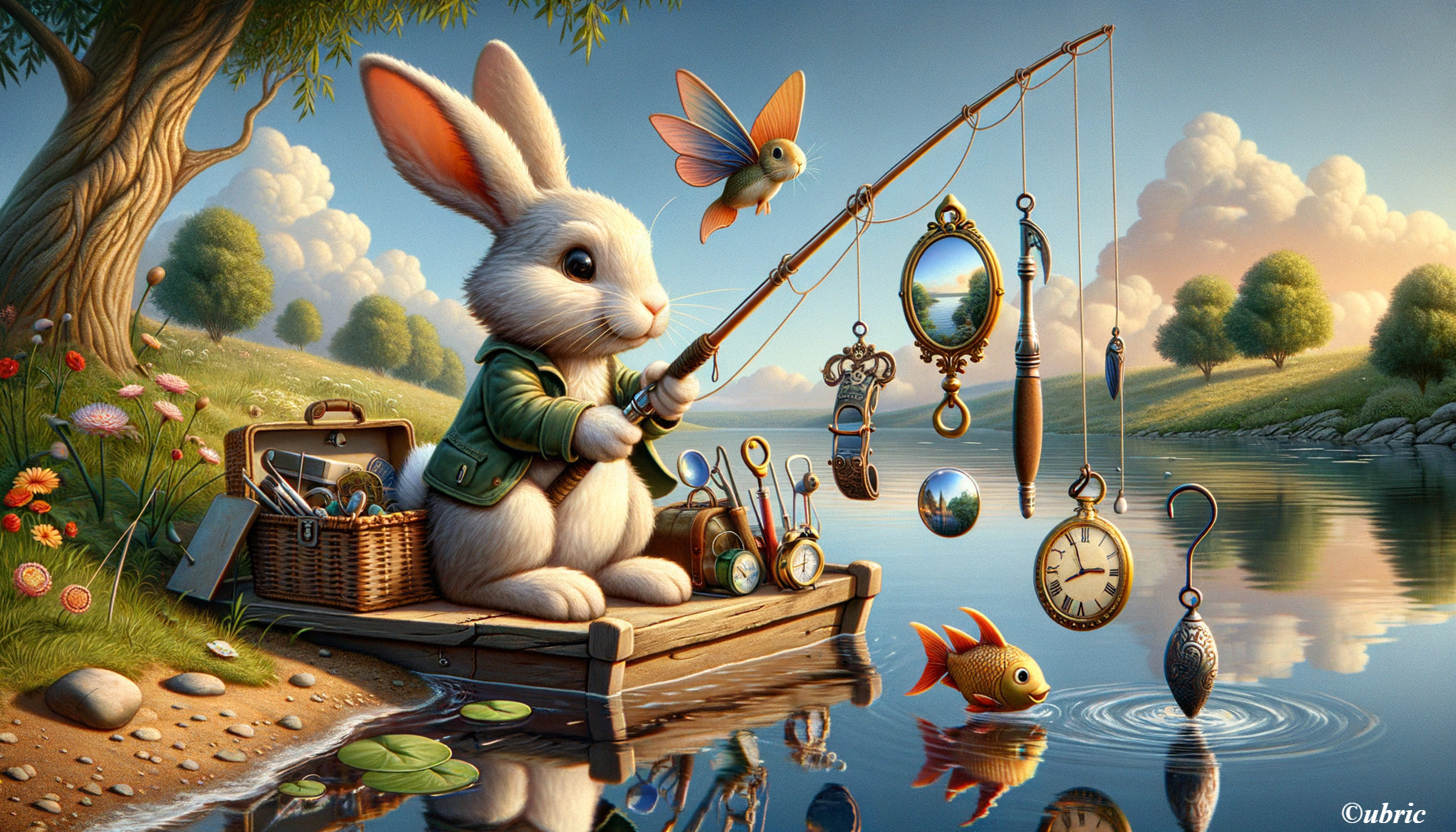 Whimsical Rabbit Fishing from a Wooden Dock Scene