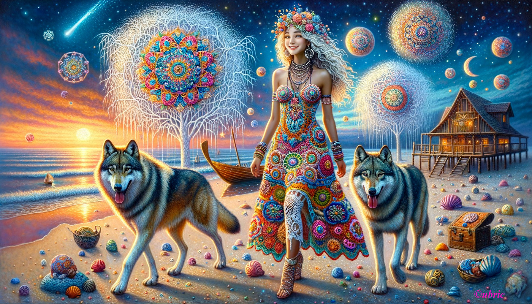 Mystical Beach Scene with Wolves at Sunset