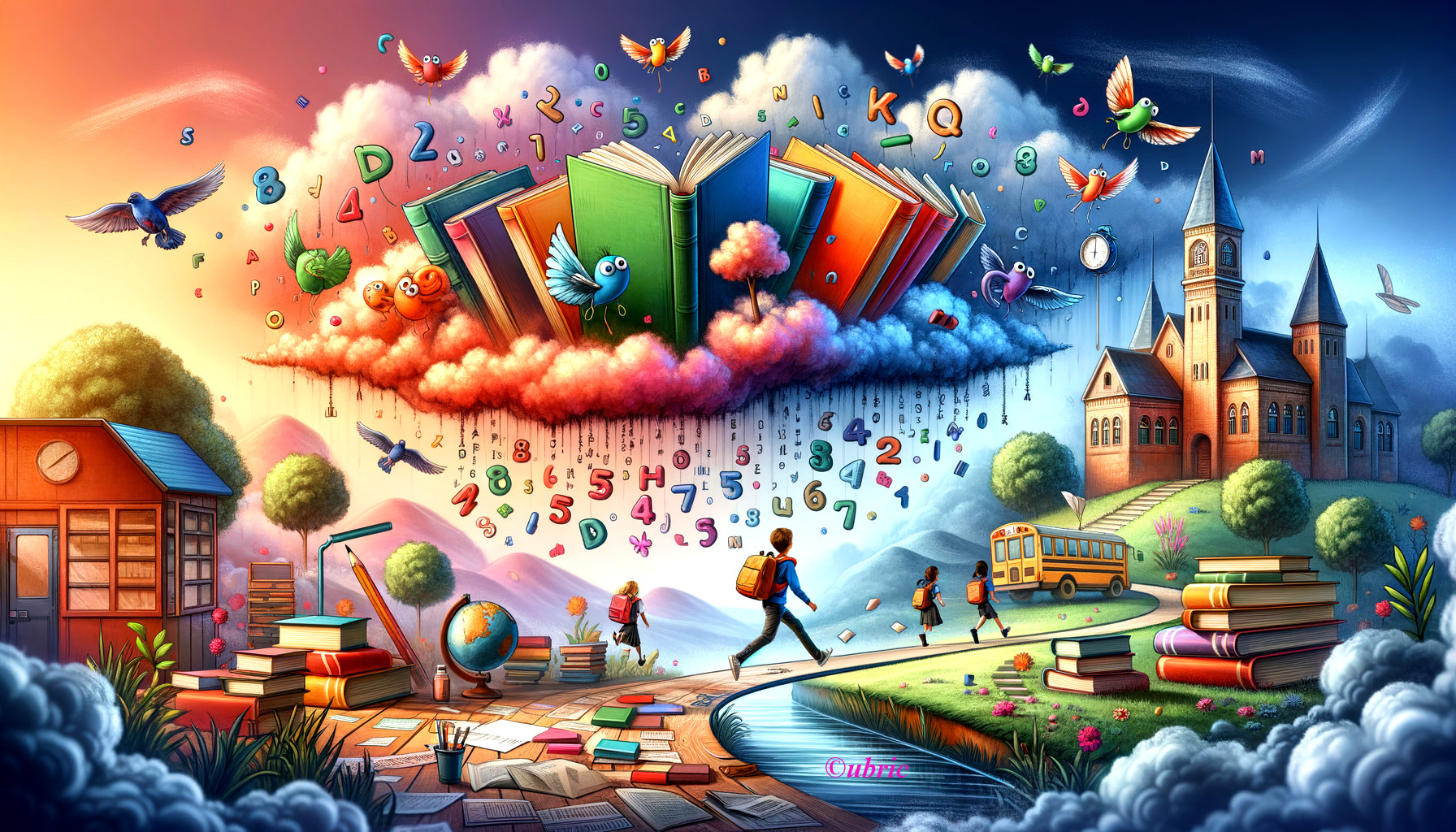 Whimsical Scene of Colorful Books and Learning Elements