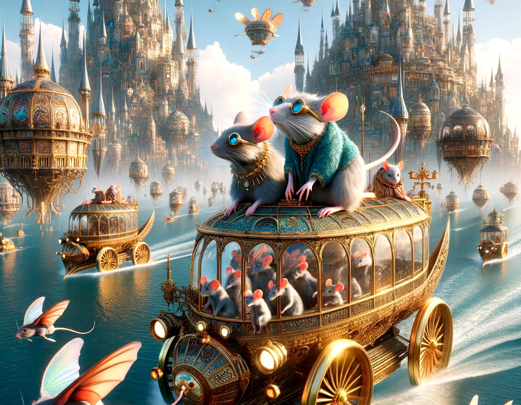 Fantasy scene: Mice in golden carriage in magical city