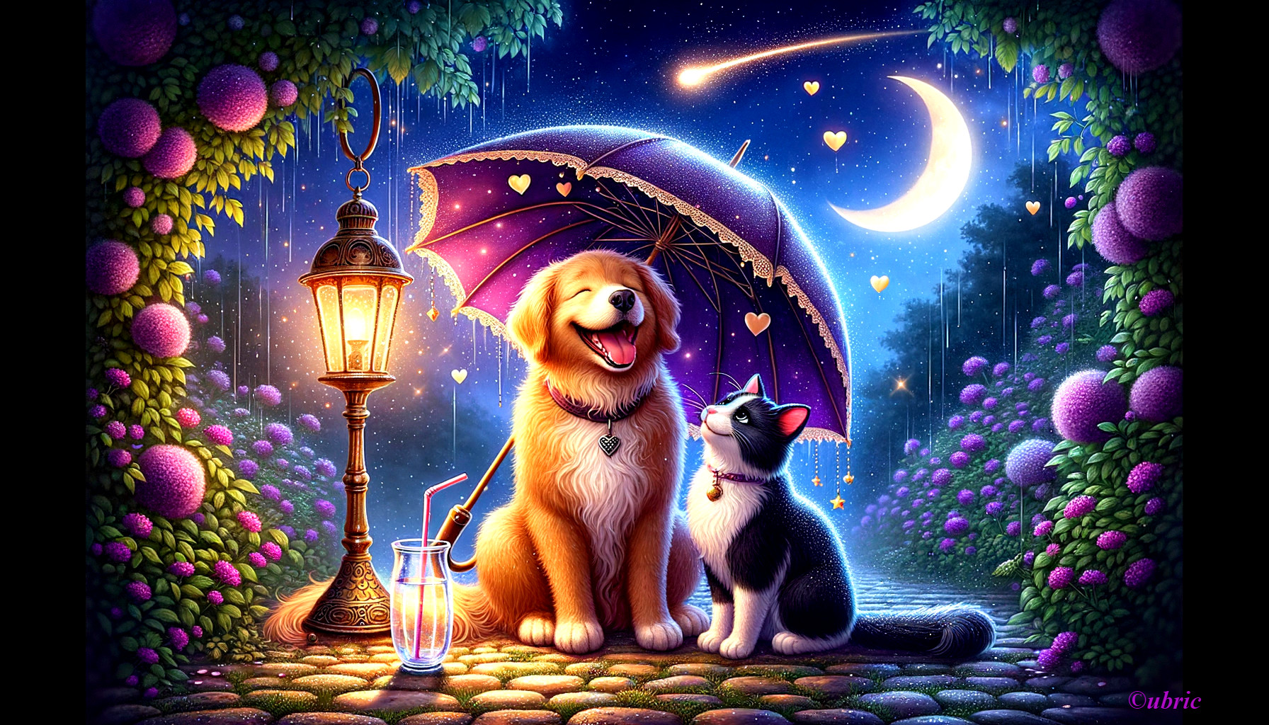 Dog and cat under purple umbrella in dreamy night scene