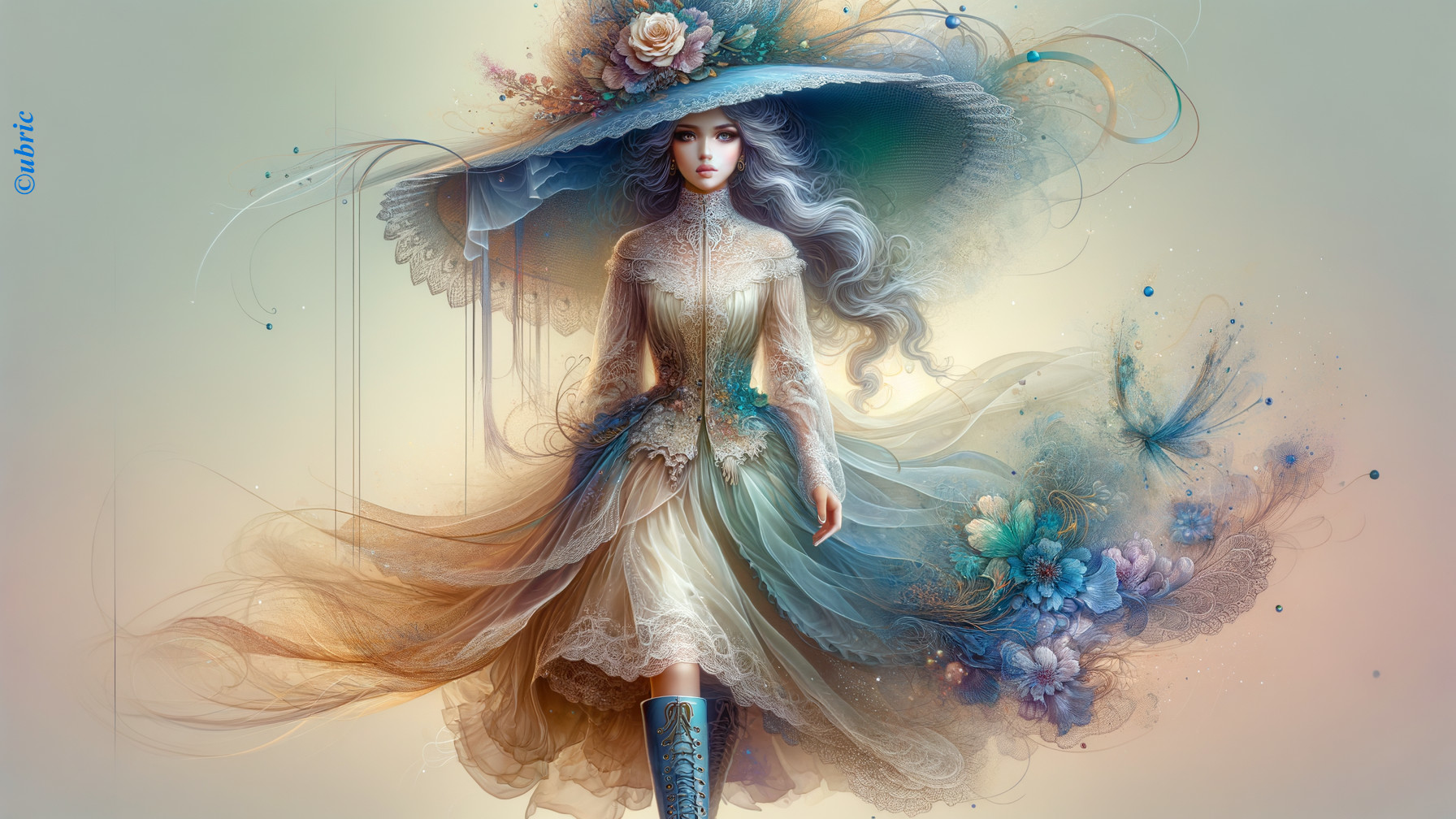 Ethereal Figure in Flowing Dress with Floral Elements