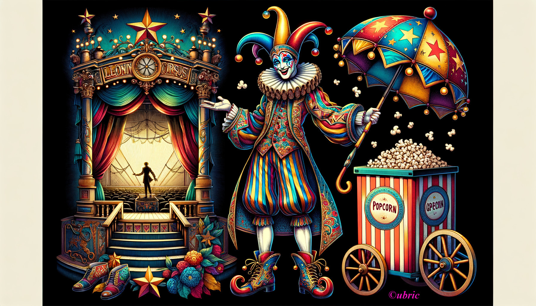 Vibrant Circus Scene with Clown and Popcorn Cart