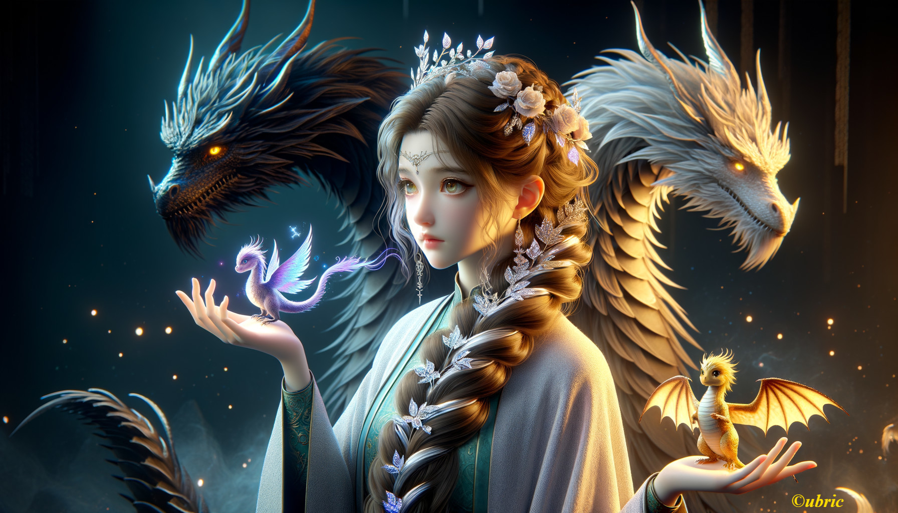 Mystical Scene with Woman, Phoenix, and Dragons