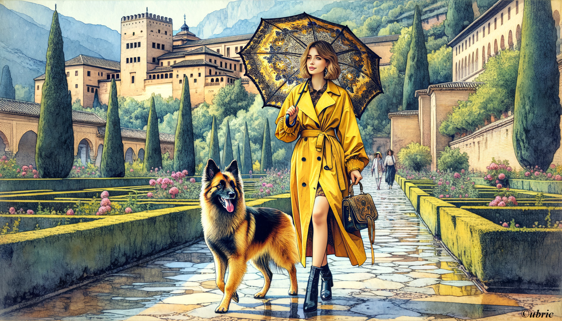 Stylish Woman in Yellow Trench Coat with Dog in Garden