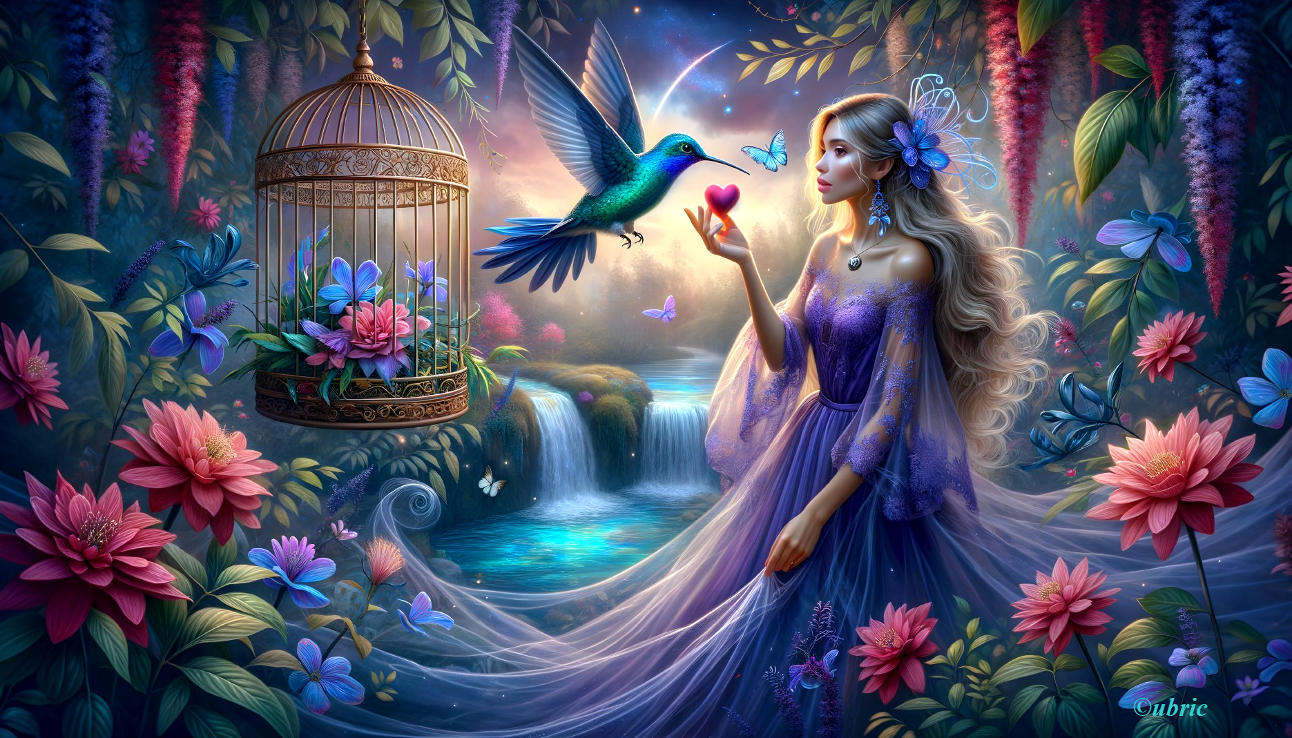 Mystical Woman in Ethereal Gown with Glowing Heart