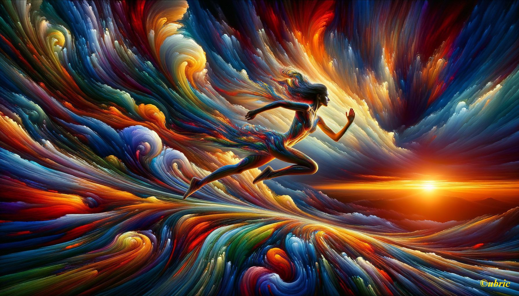 Surreal Scene of Figure Running Through Colorful Waves