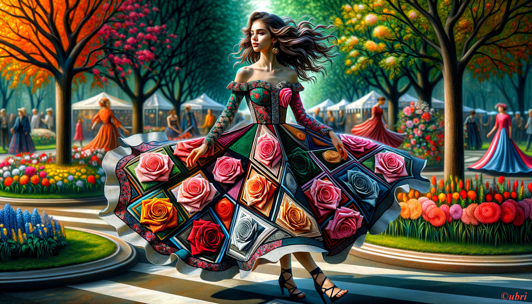Woman twirls in floral dress amidst vibrant garden scene
