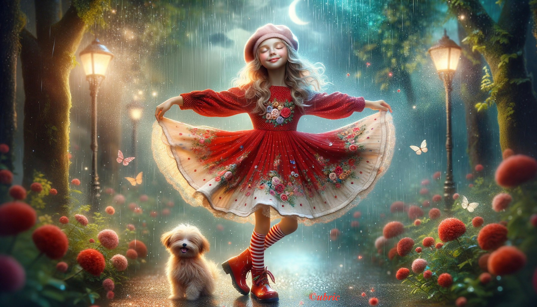 Whimsical Garden Scene with Girl and Butterflies