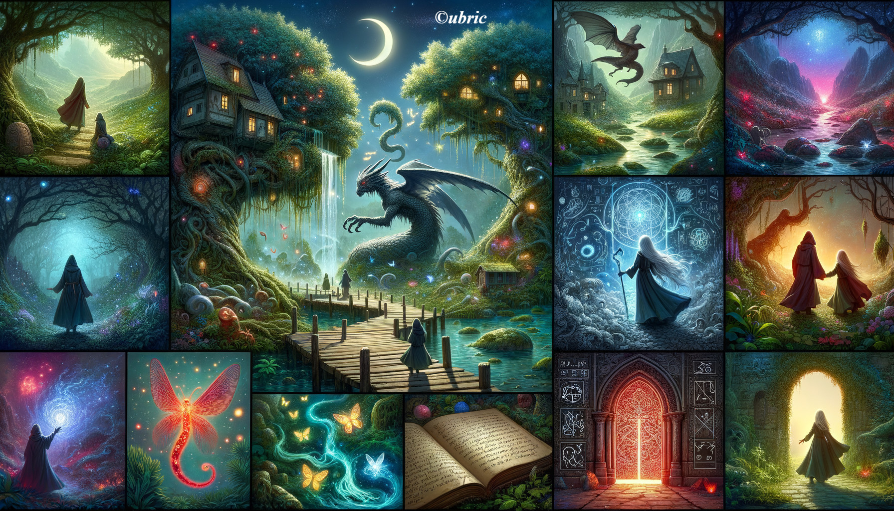 Mystical Collage with Dragons and Enchanted Landscapes