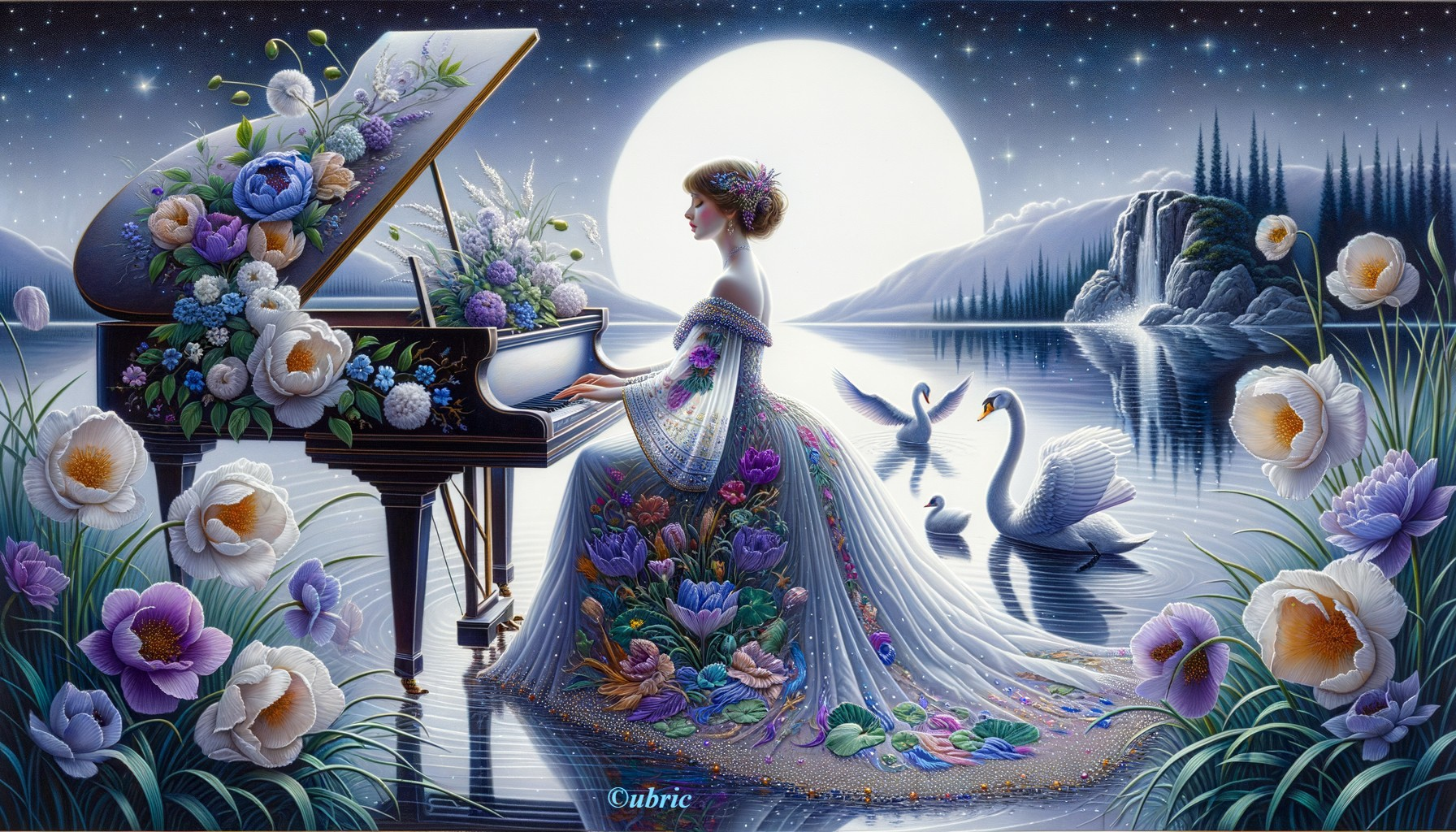 Moonlit Landscape with Woman Playing Piano by Lake