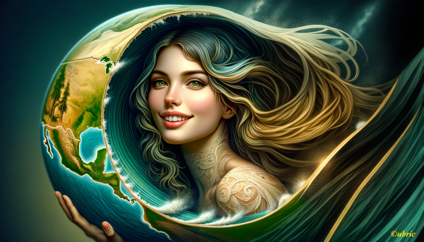 Ethereal Woman Cradling Earth with Flowing Hair