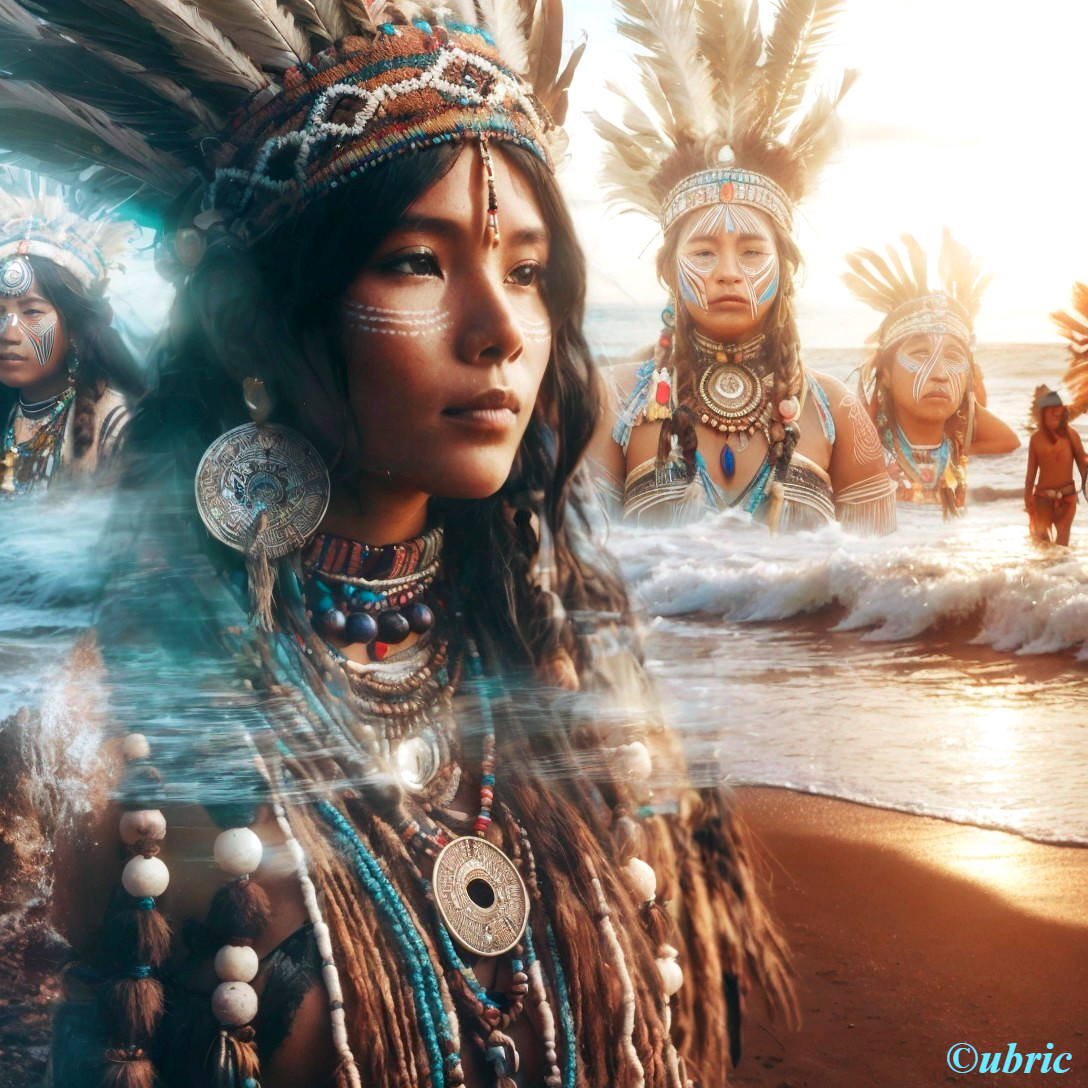 Serene Beach Sunset with Indigenous Figures and Waves