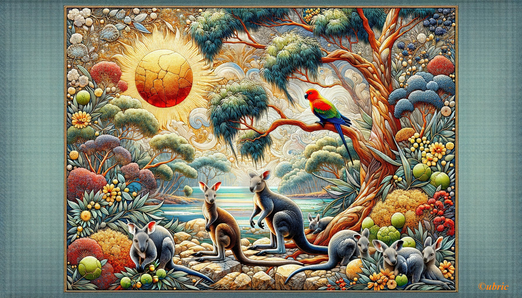 Vibrant Landscape with Kangaroos and Colorful Parrot