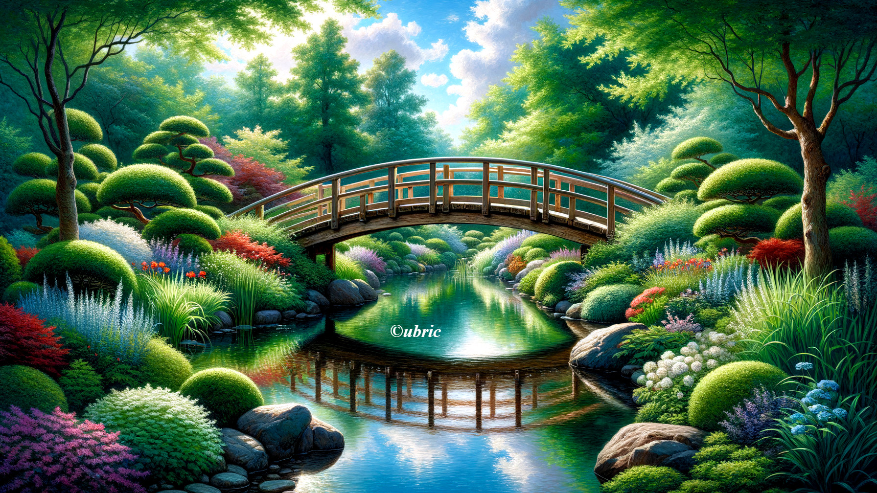 Serene Garden with Wooden Bridge and Tranquil Pond