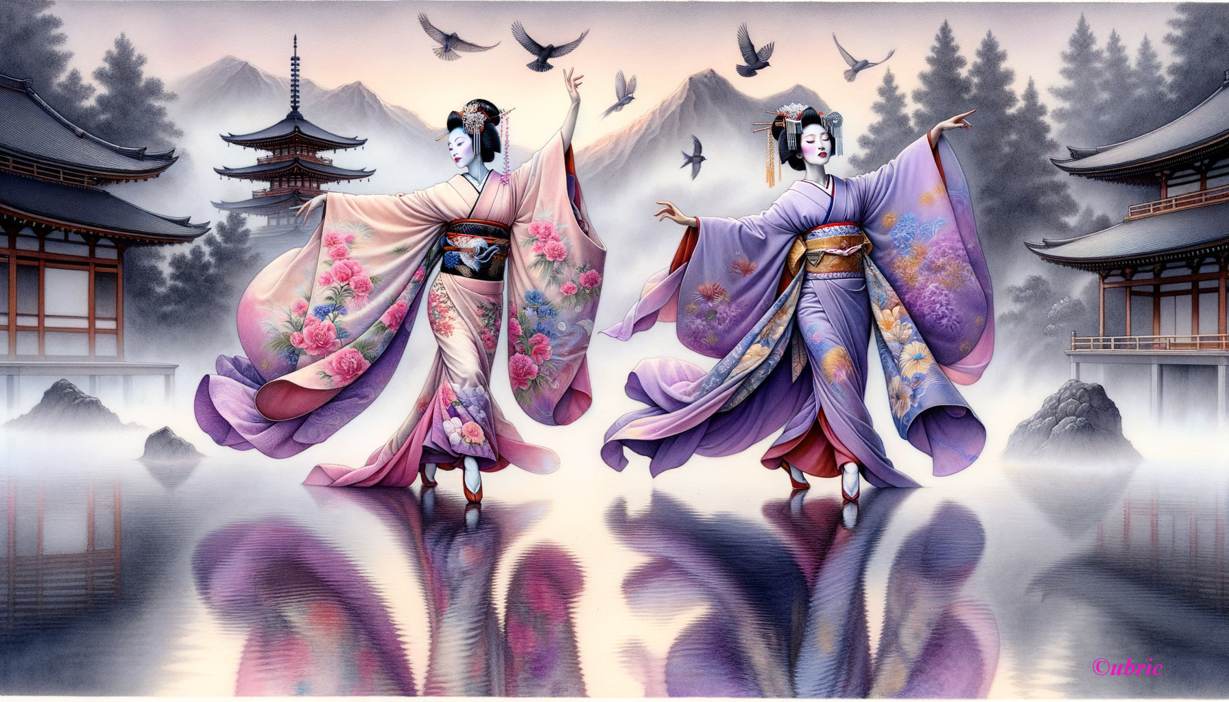 Figures in Kimonos Dancing in Serene Landscape