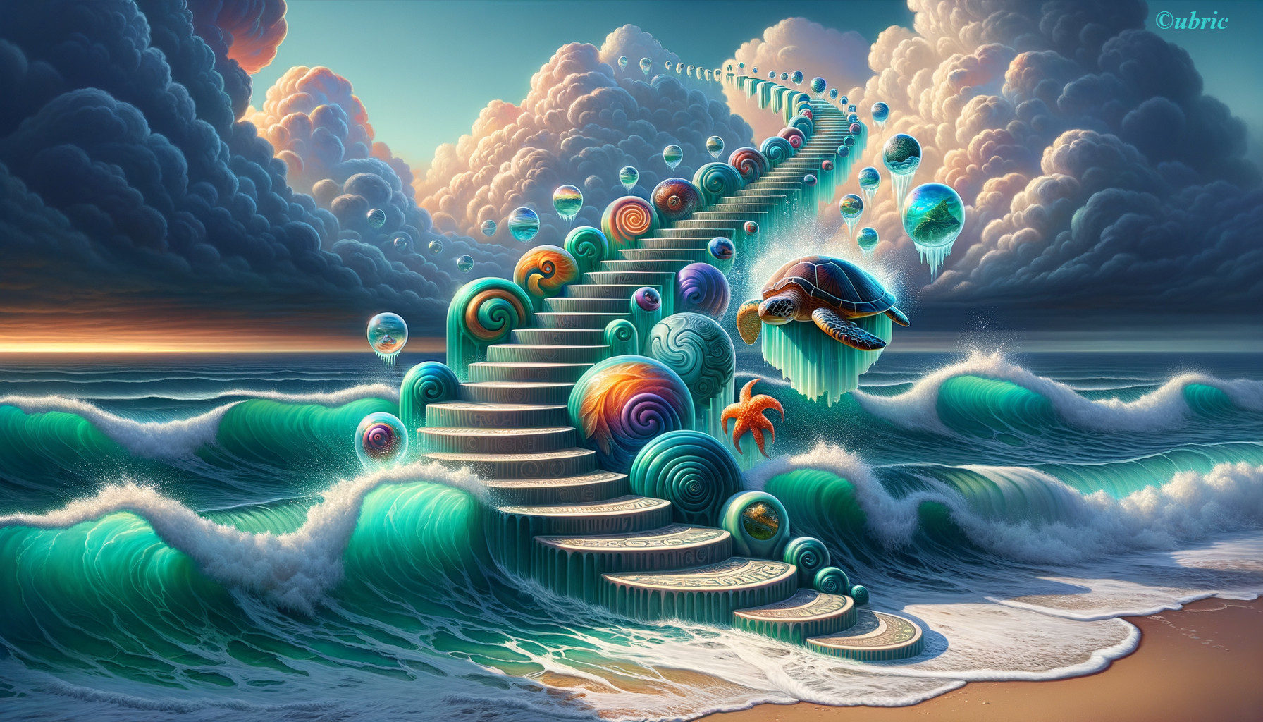 Surreal Seascape with Staircase and Floating Orbs