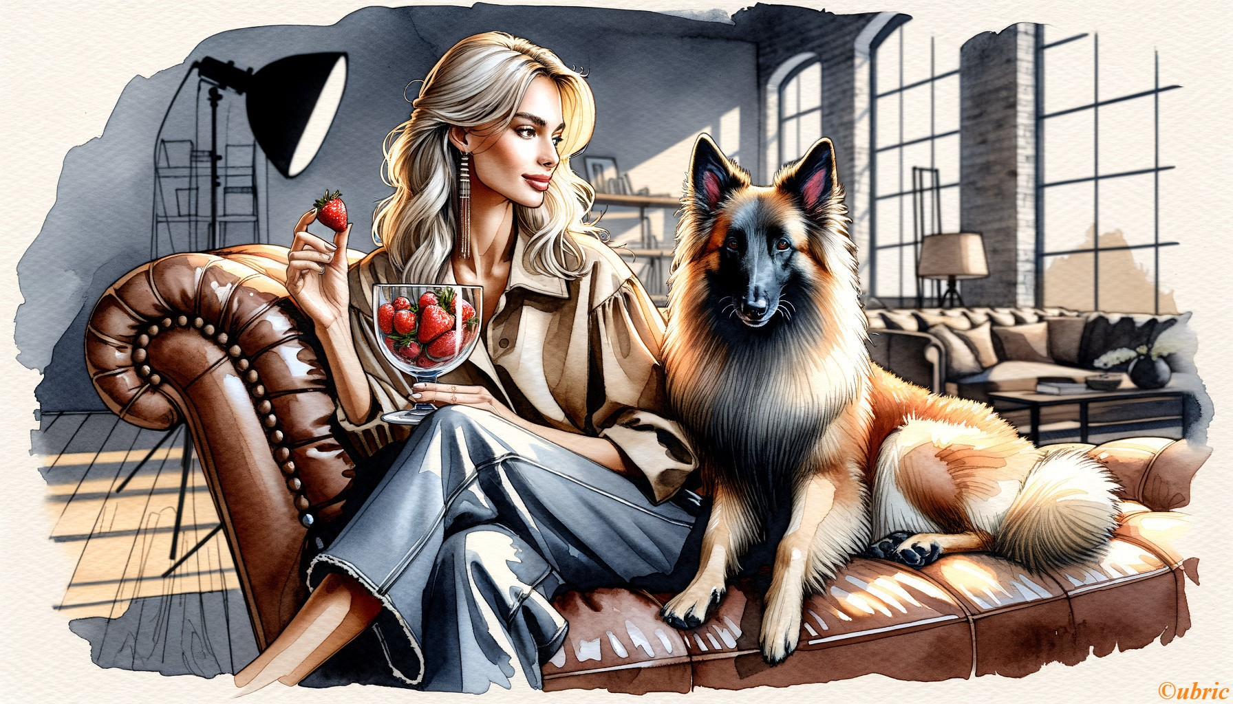 Stylish Woman with Dog on Leather Couch in Modern Room