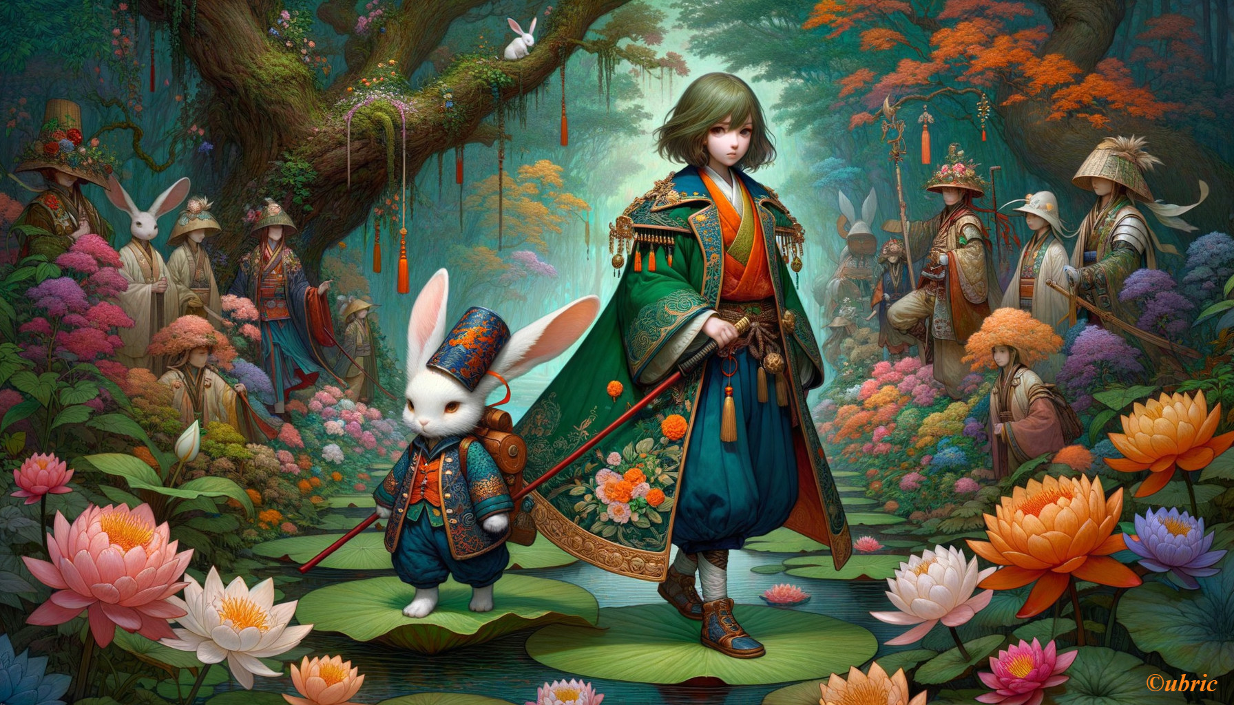 Enchanted Forest Scene with Colorful Characters and Flora