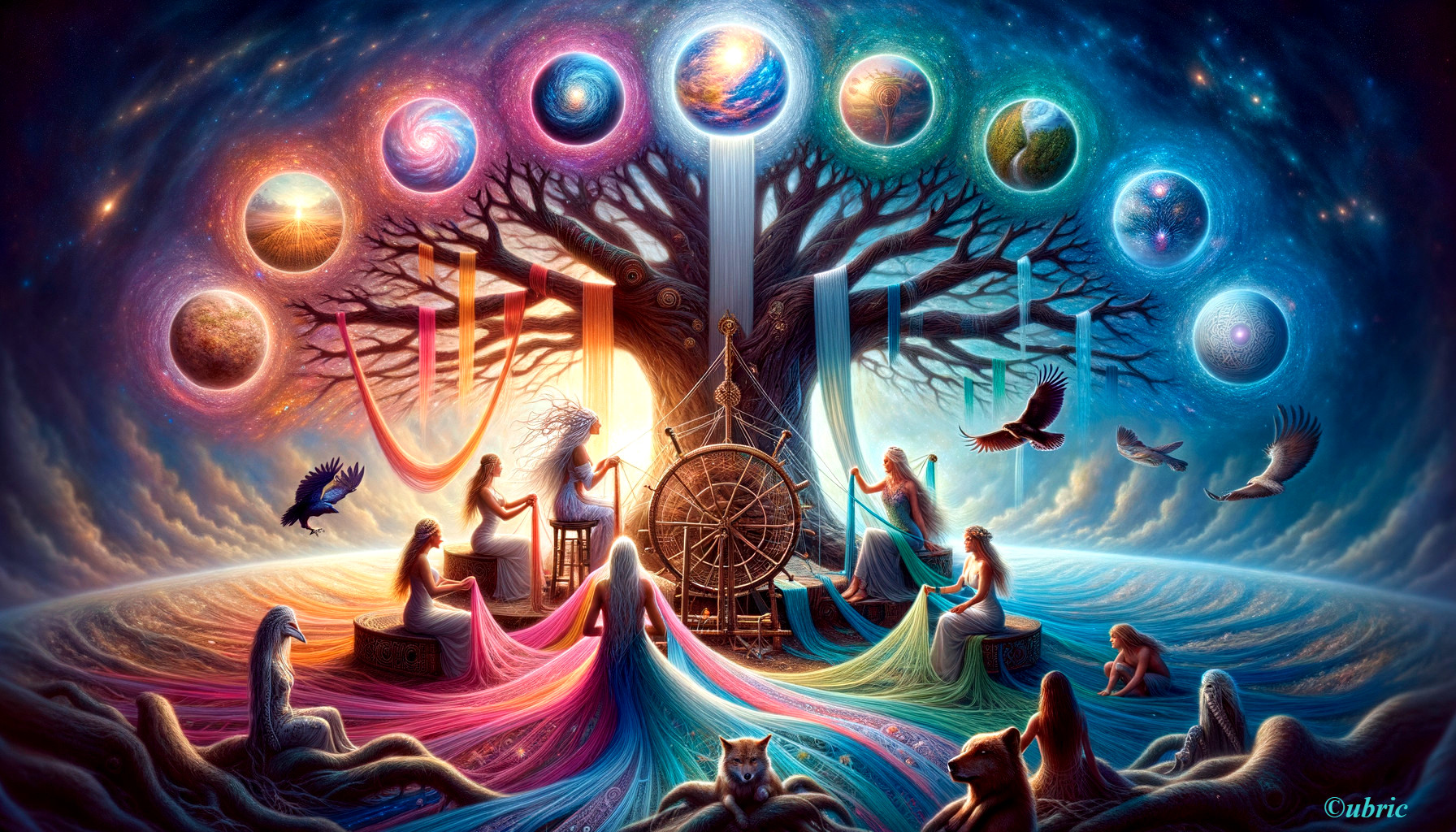 Cosmic Scene with Majestic Tree and Ethereal Figures
