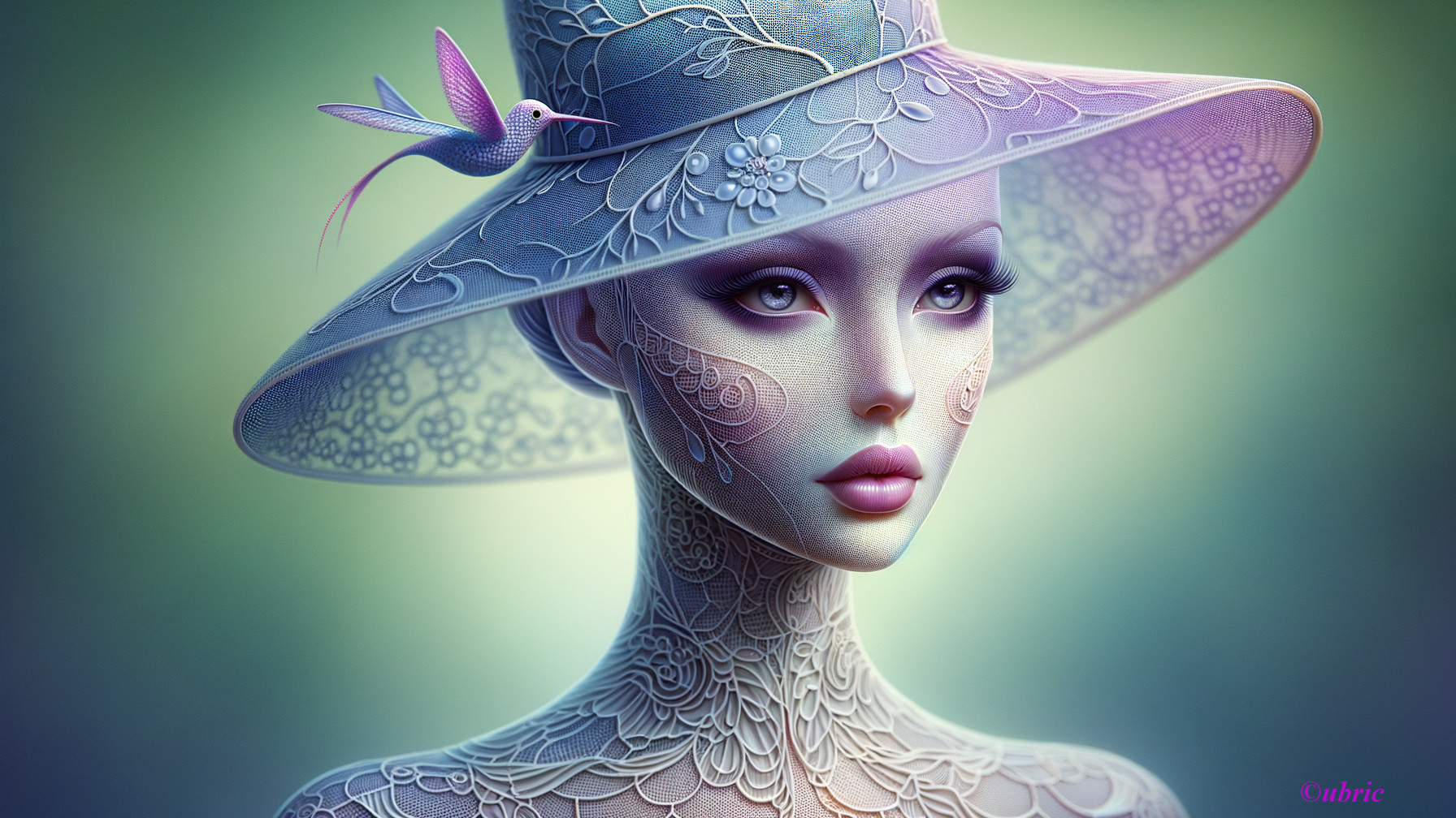 Ethereal Figure with Lace Patterns and Hummingbird