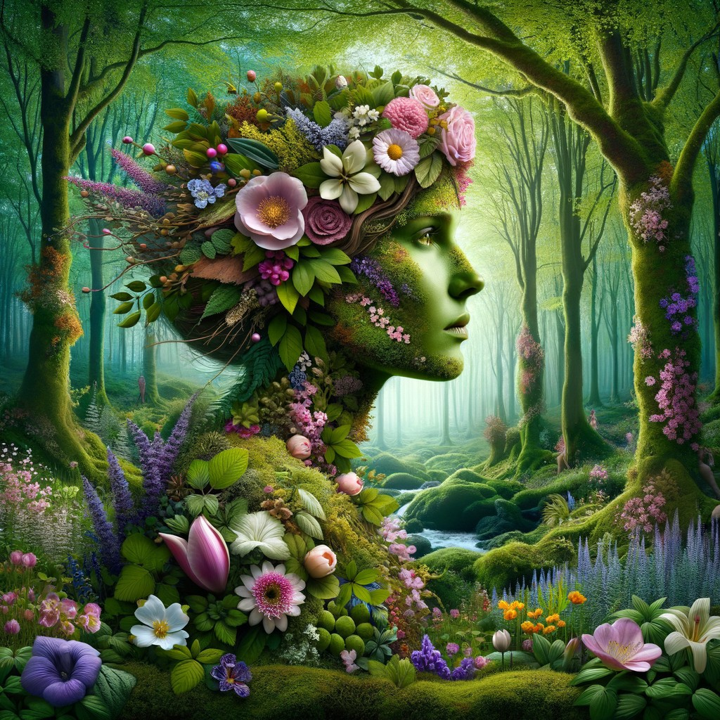 Mystical Woman's Profile with Forest and Floral Elements
