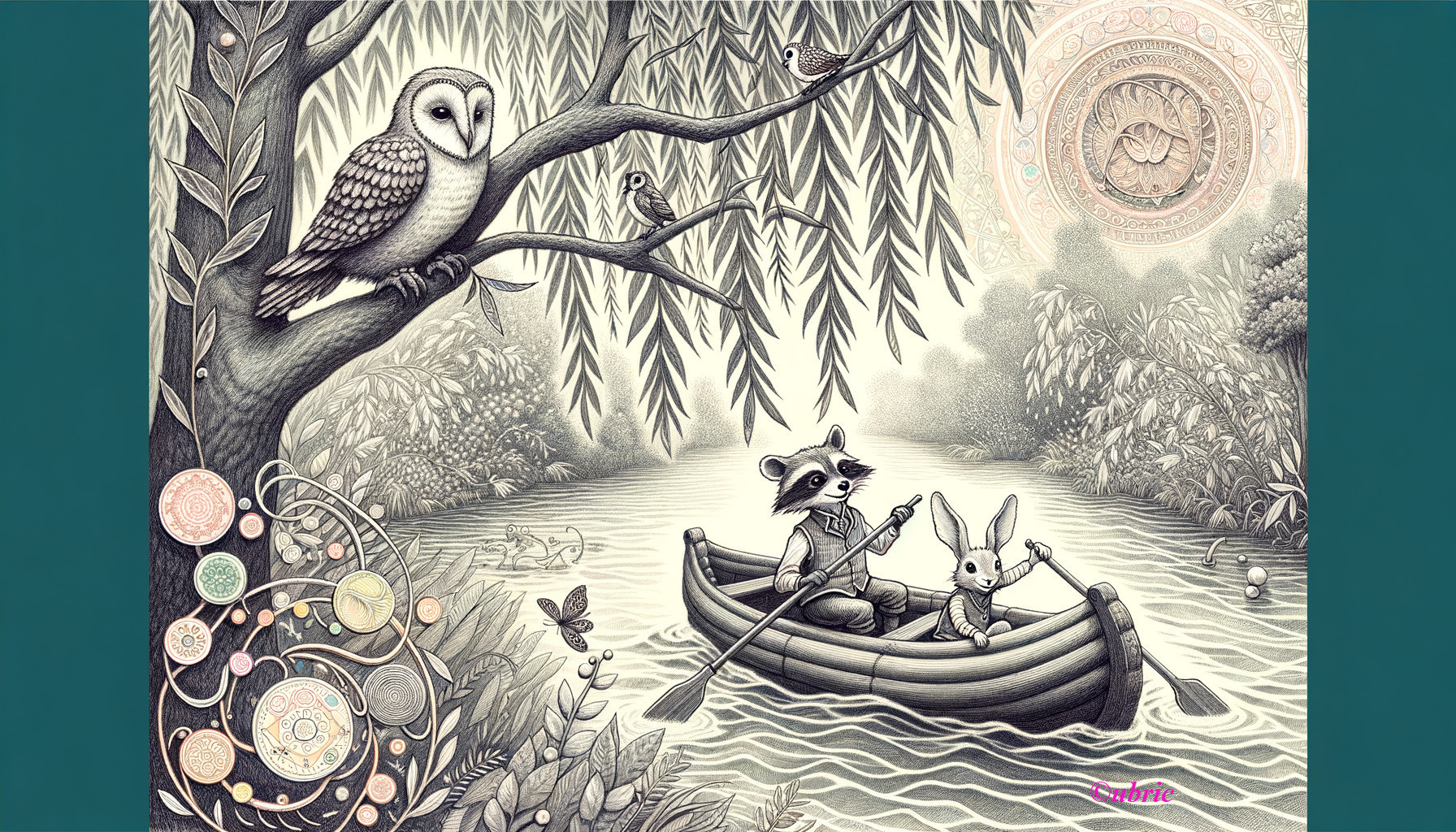 Raccoon and Rabbit in a Boat on a Tranquil River