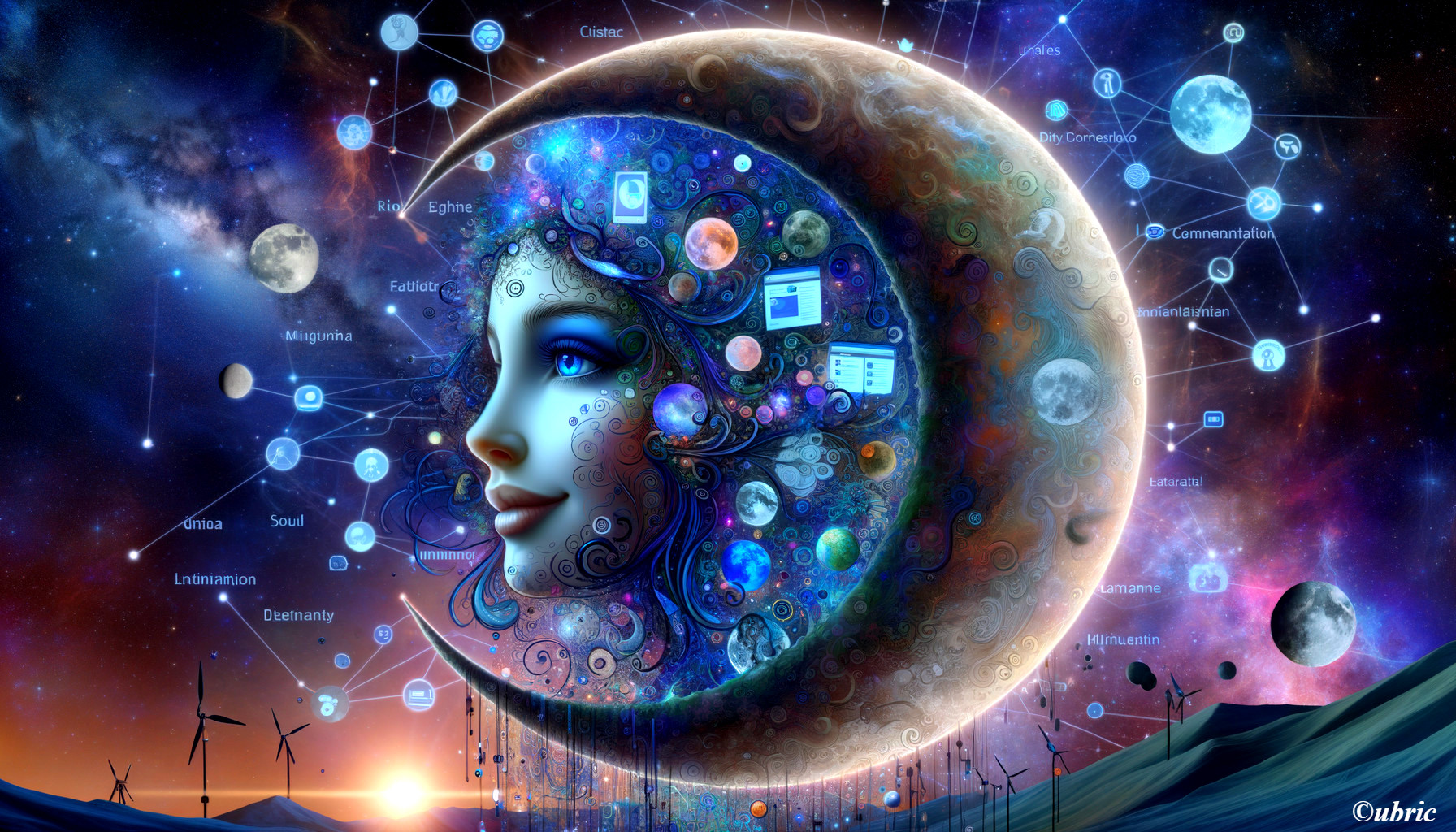 Cosmic Scene with Moon Face and Celestial Elements