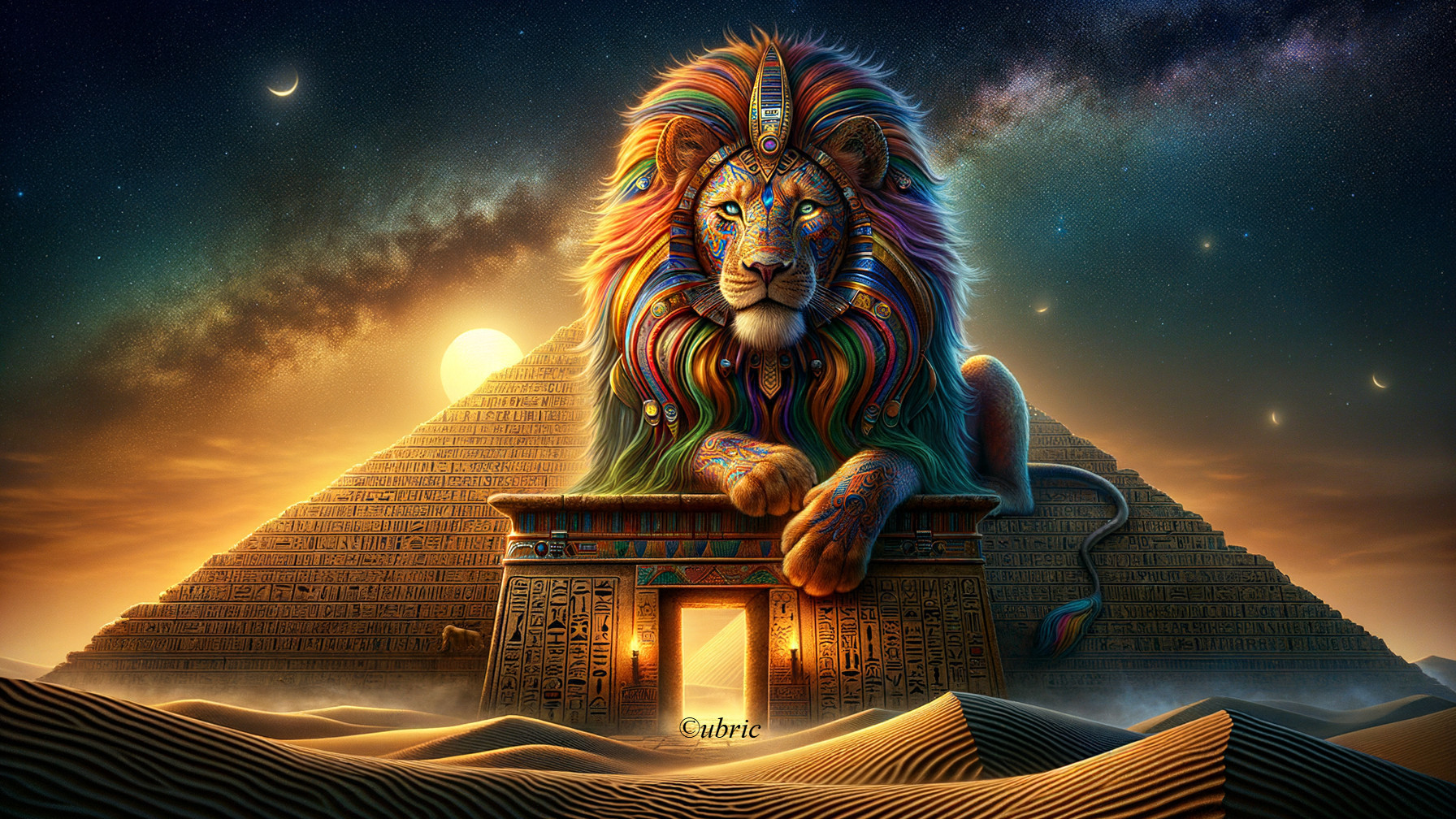 Majestic lion before a grand pyramid in cosmic setting