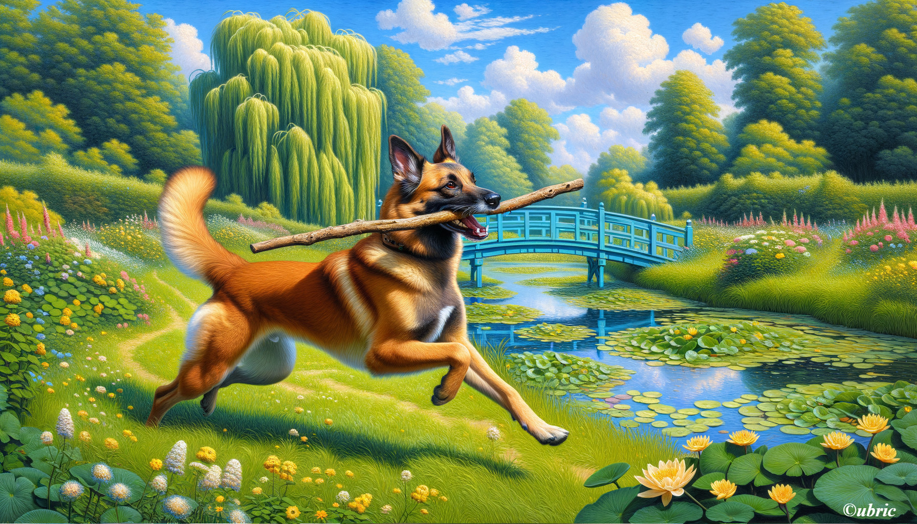 Joyful Dog in Vibrant Sunlit Landscape with Bridge