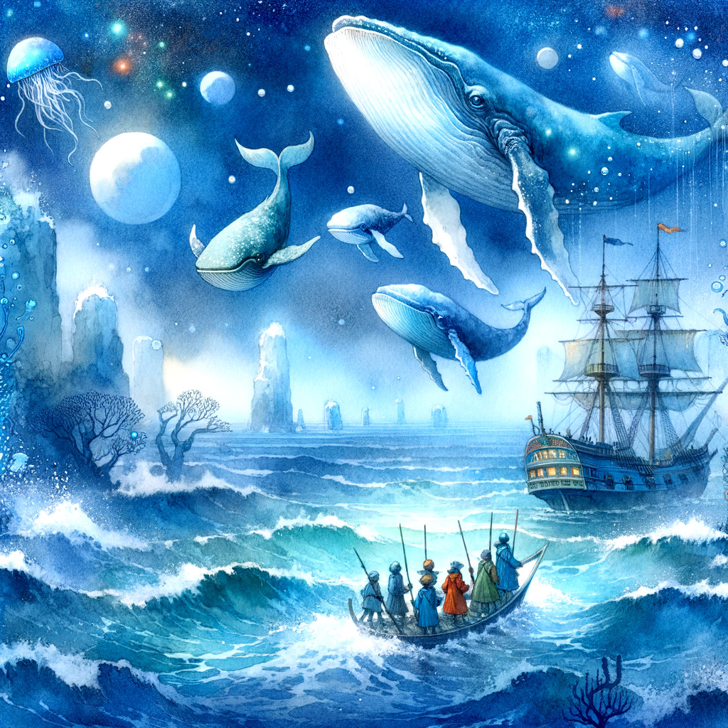 Whales, jellyfish, ship, rowers in mystical underwater scene