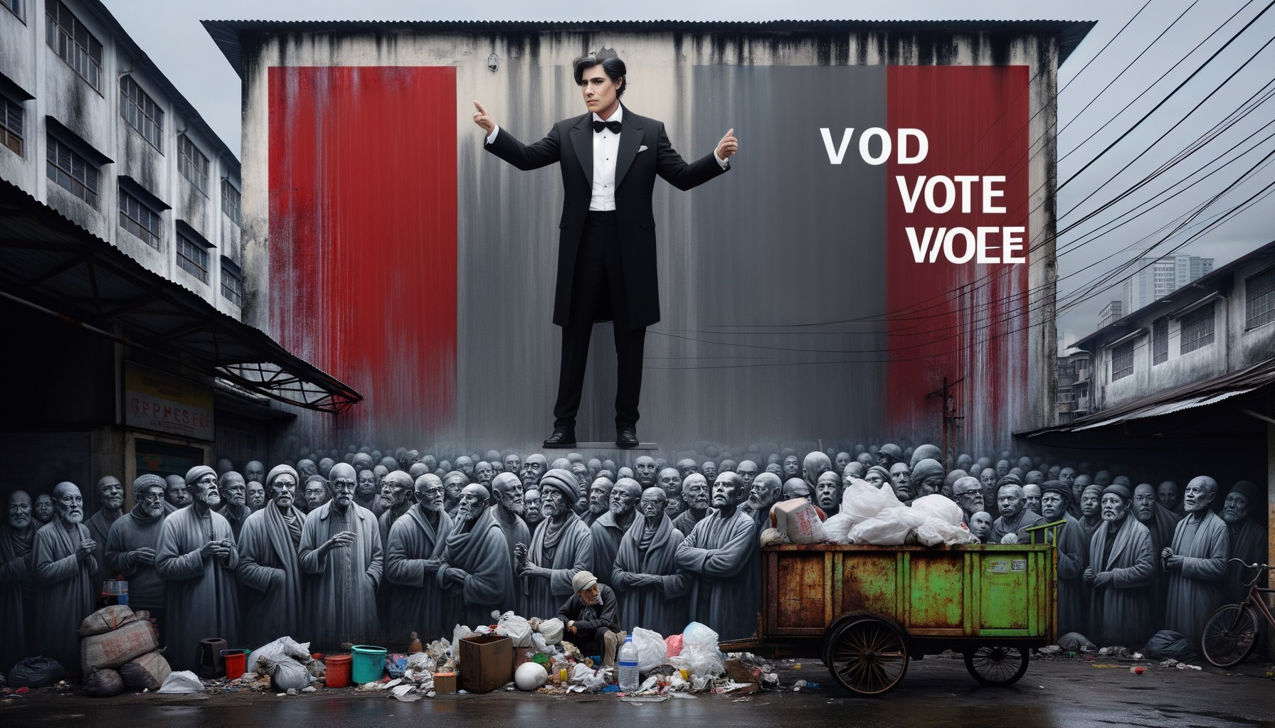 Surreal Urban Scene with Tuxedo Figure and Mural