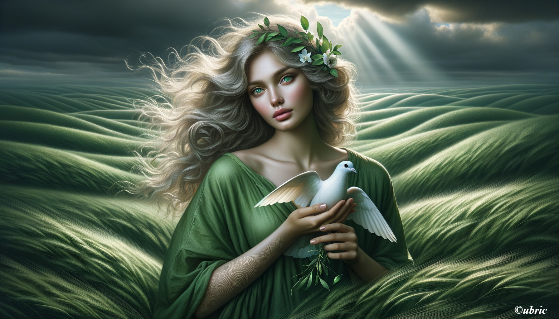 Serene Woman in Green Dress with Dove in Grass
