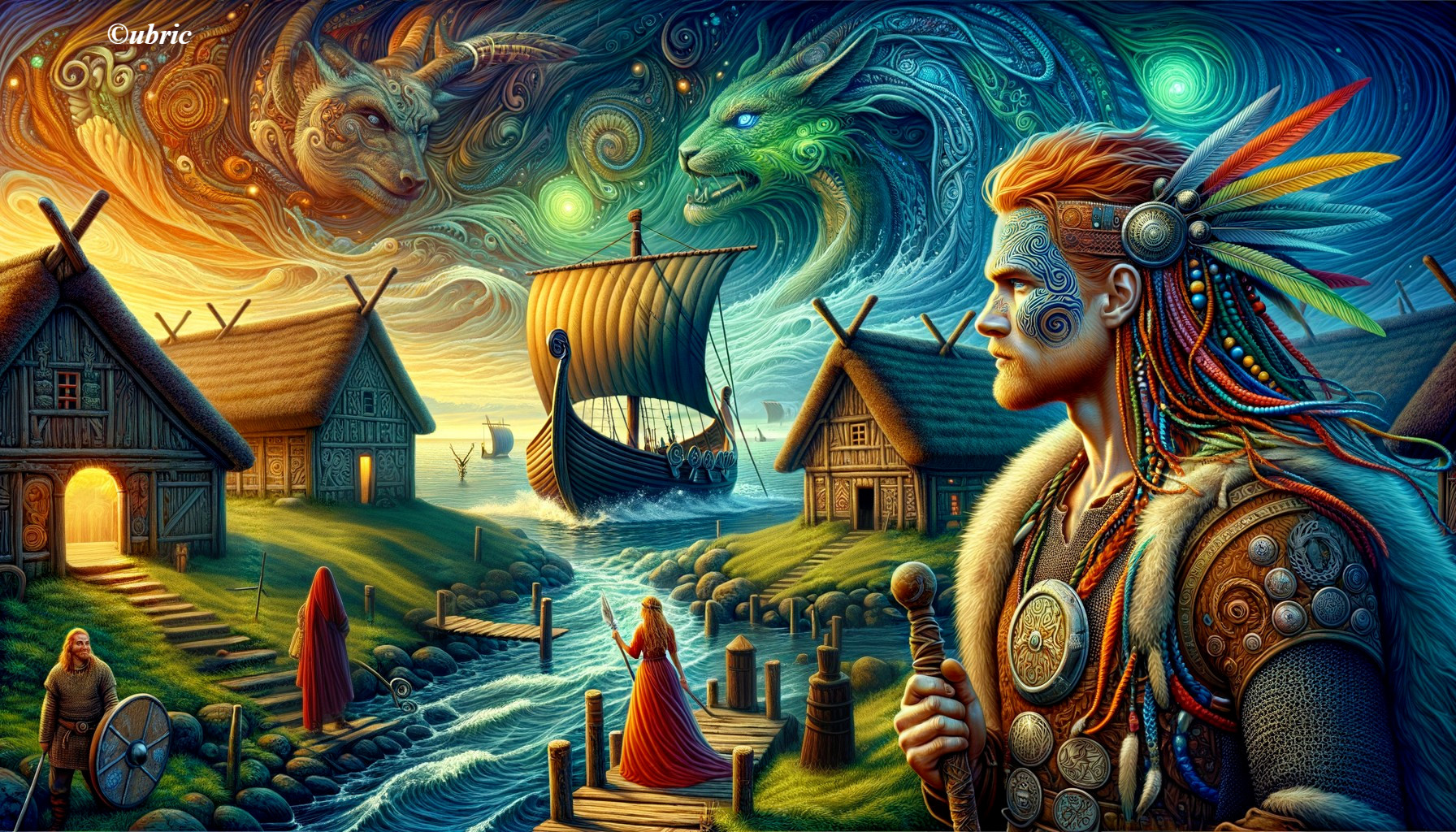 Norse Mythology Scene with Warrior and Ethereal Dragons