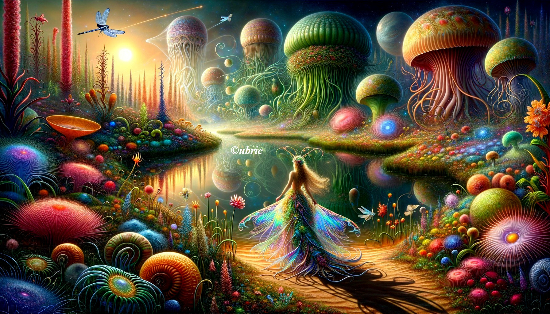 Vibrant Magical Landscape with Luminous Flora and Water