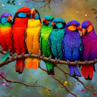 Colorful Owls on a Branch with Dripping Paint