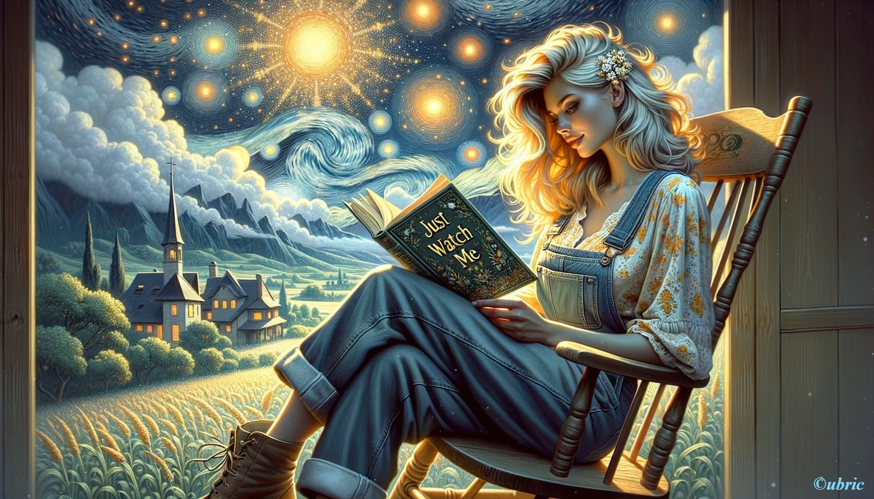 Young Woman Reading on Rustic Porch Under Starry Sky