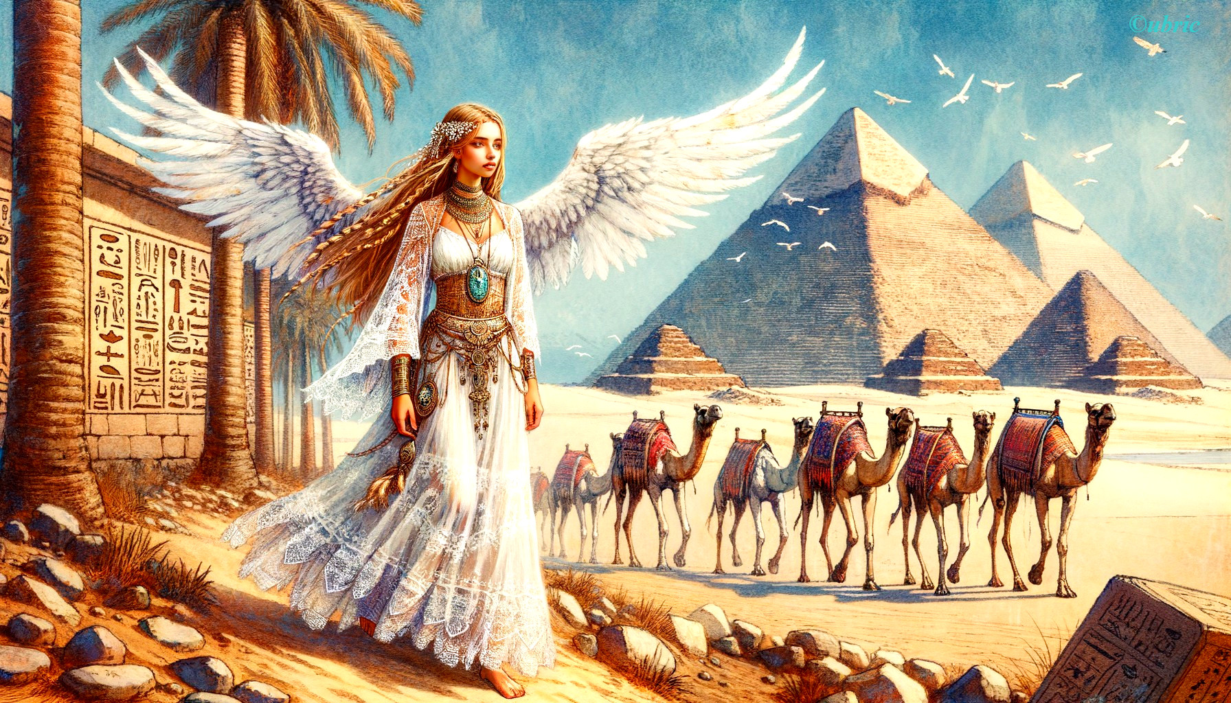 Serene Landscape with Egyptian Pyramids and Woman