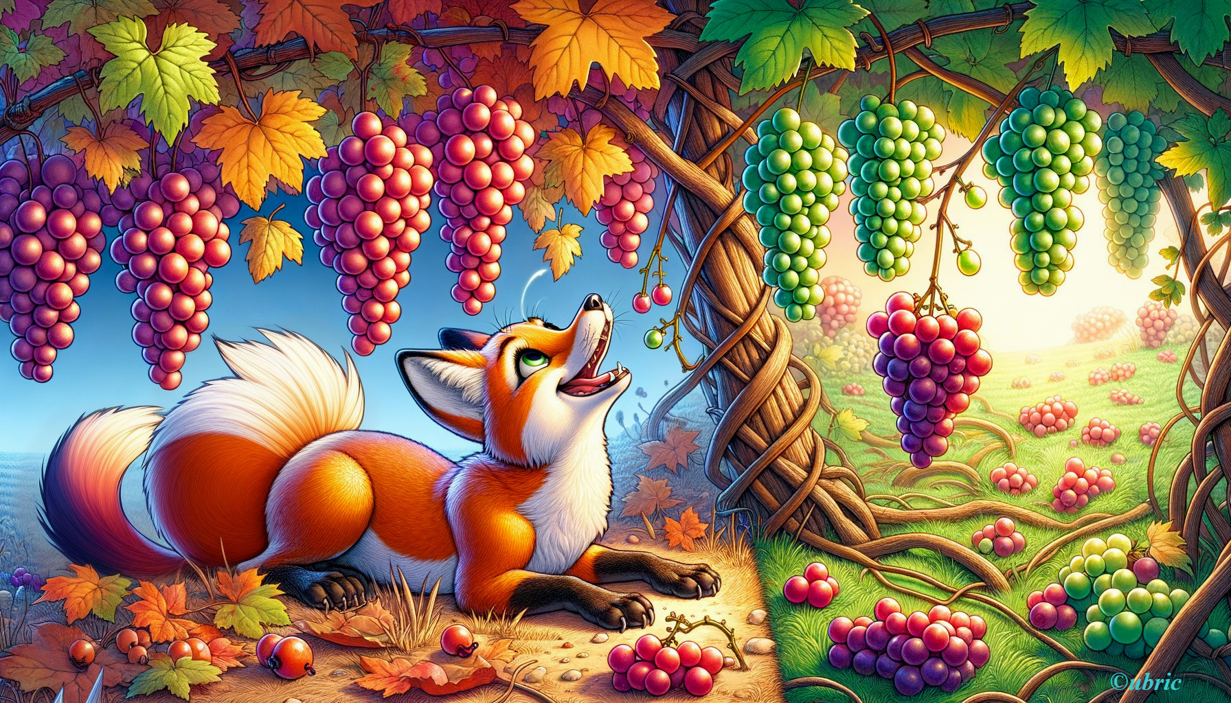 Playful Fox Under Grape Vine in Autumn Landscape