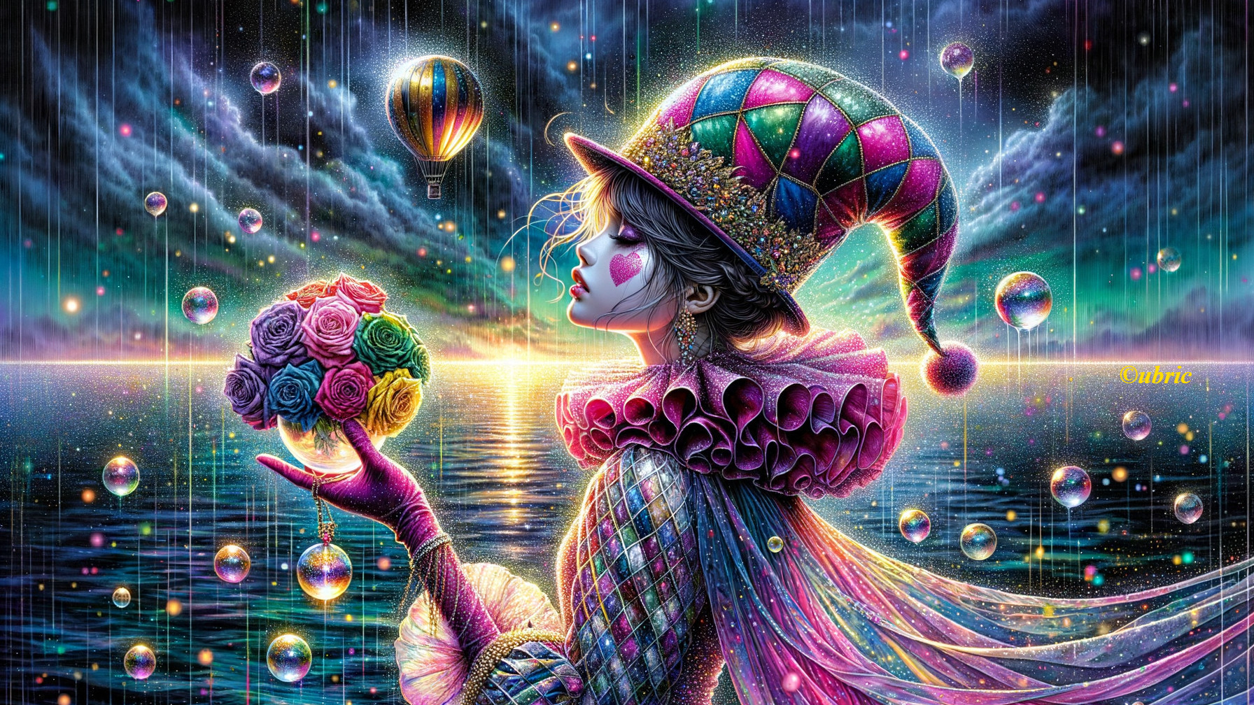 Colorful Clown with Roses by a Sunset Lake
